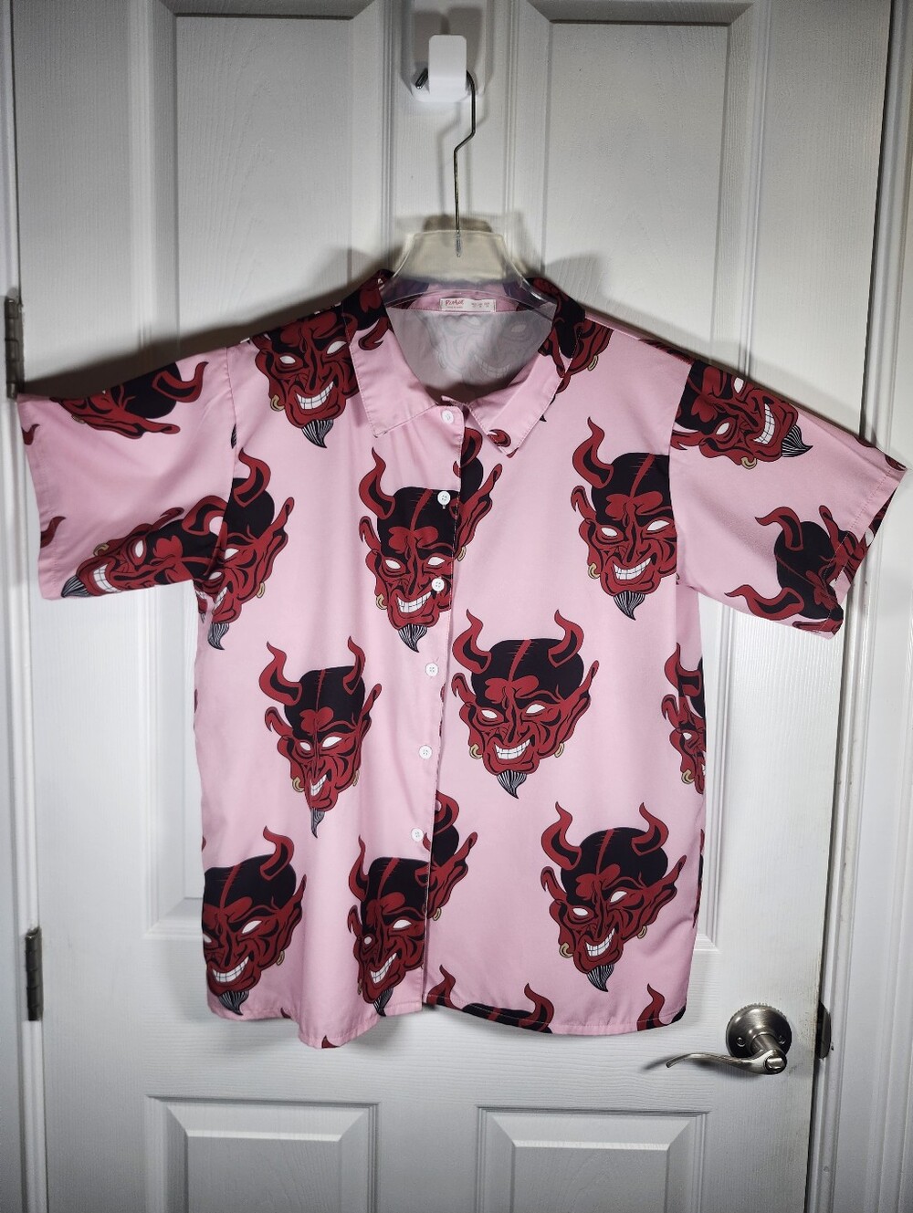 Romwe Pink Devil Demon Head Print Collar Short SL Button Casual Shirt S M